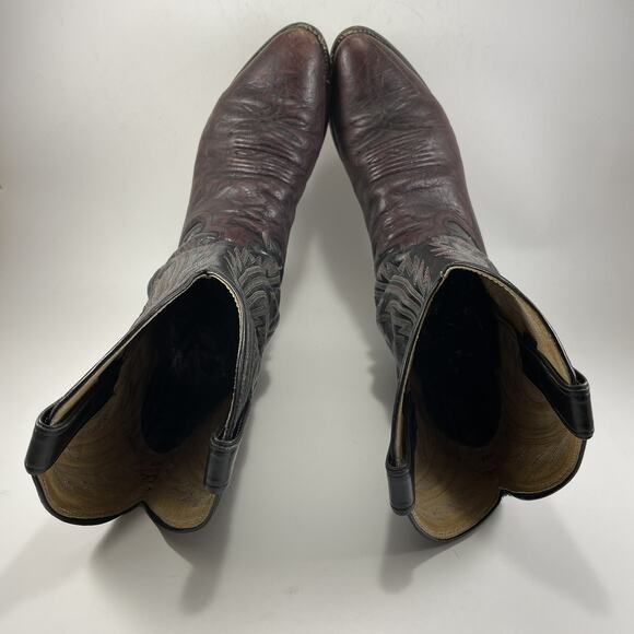 Justin Cowboy Boots Mens Size 9D Two Tone Burgundy Black Leather Almond Toe 1509 - Picture 6 of 10